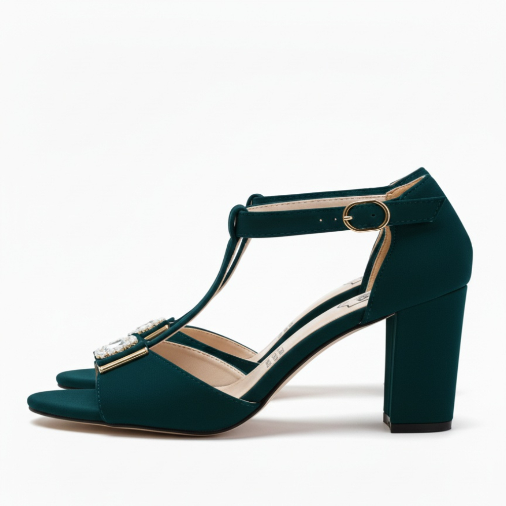 Green T Strap Block Heel Sandals with Decorative Buckle Detai